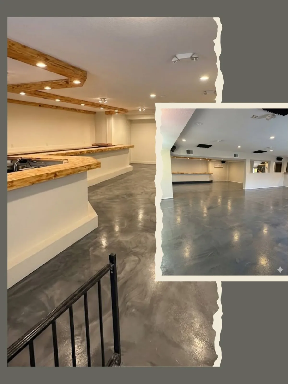 Event hall with wood-top bar and gray metallic epoxy floor