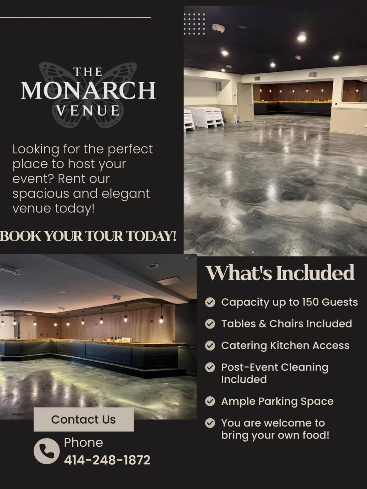 Venue flyer listing 150 guests, tables and chairs, kitchen access and post-event cleaning